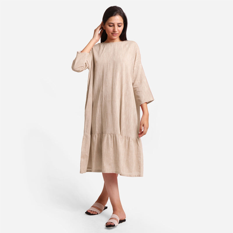 Front View of a Model wearing Beige Yarn-Dyed 100% Cotton Tier Midi Dress