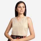 Front View of a Model wearing Solid Beige Yarn Dyed Cotton Crop Top