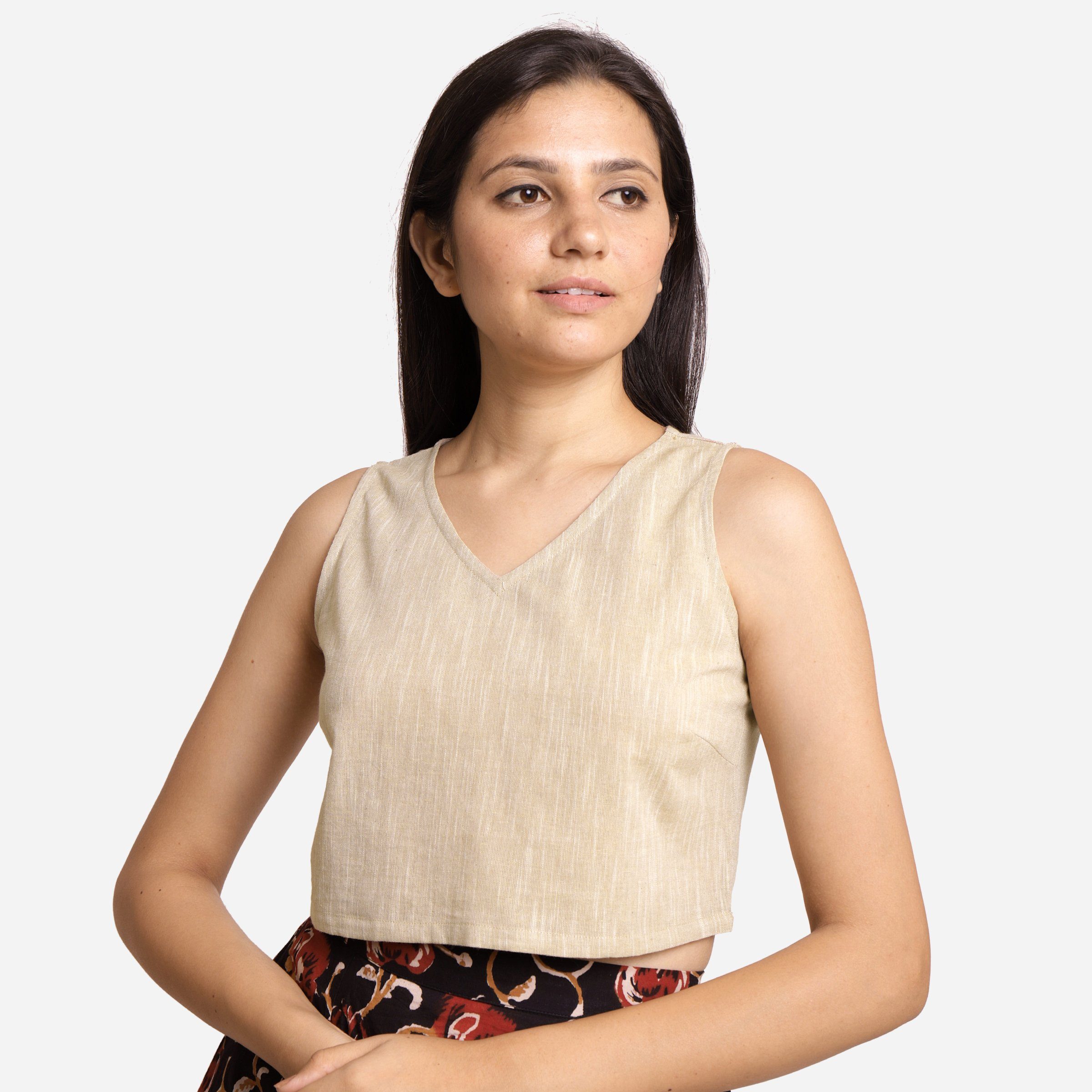 Front View of a Model wearing Solid Beige Yarn Dyed Cotton Crop Top