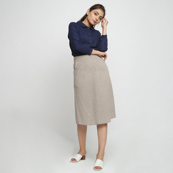 Front View of a Model wearing Beige Yarn Dyed Cotton Straight Skirt