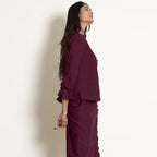 Right View of a Model wearing Berry Wine Frilled Sleeve Button Down Top