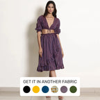 Front View of a Model wearing Berry Wine Striped Frilled Wrap Skirt