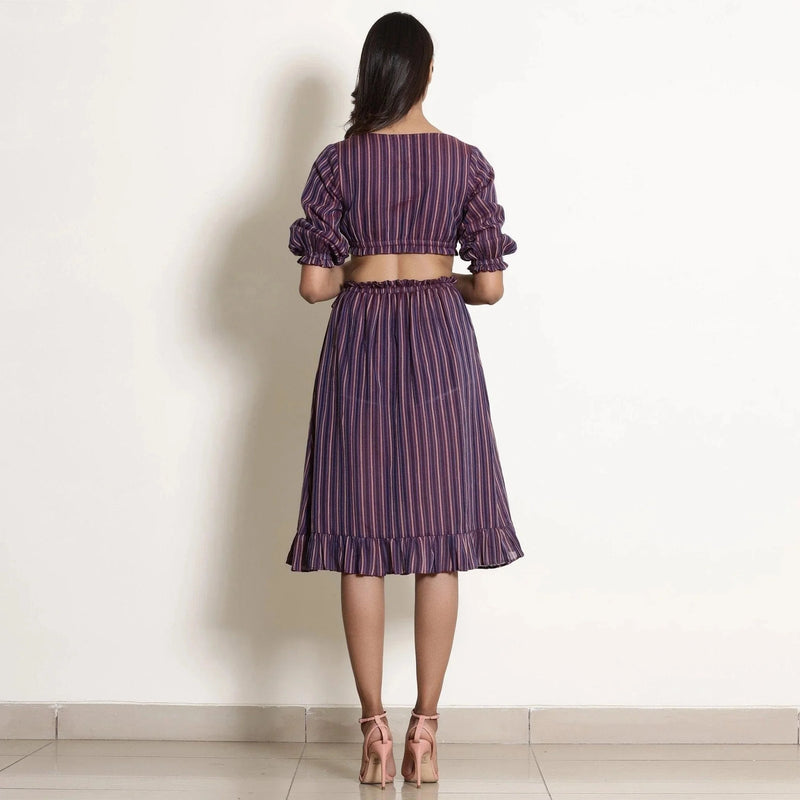 Back View of a Model wearing Berry Wine Striped Frilled Wrap Skirt