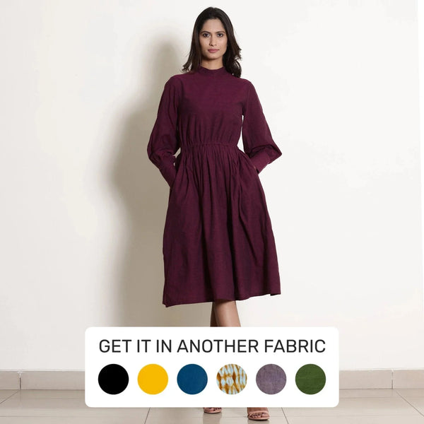 Front View of a Model wearing Berry Wine Warm Cotton Fit Knee Length Fit and Flare Dress