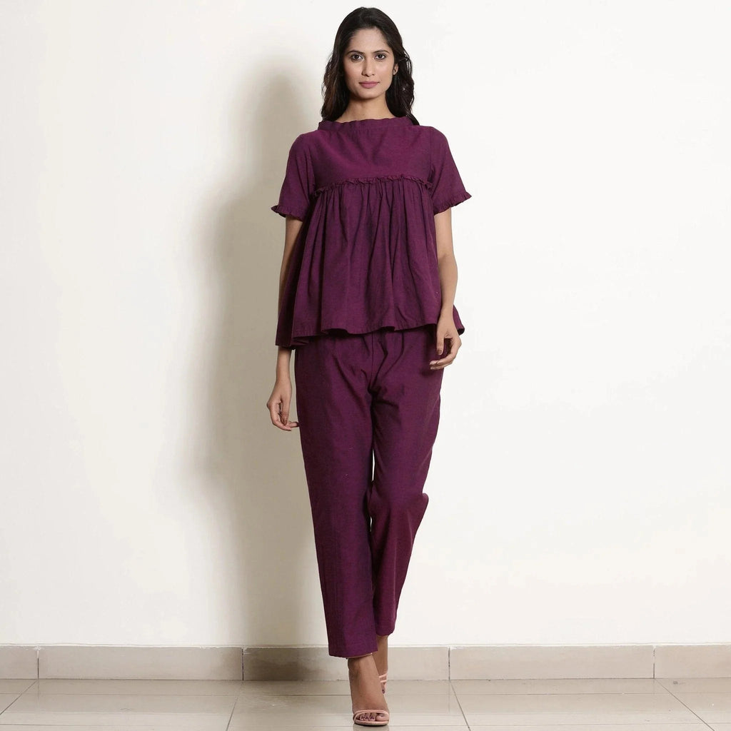 Front View of a Model wearing Berry Wine Warm Cotton Frilled Gathered Top