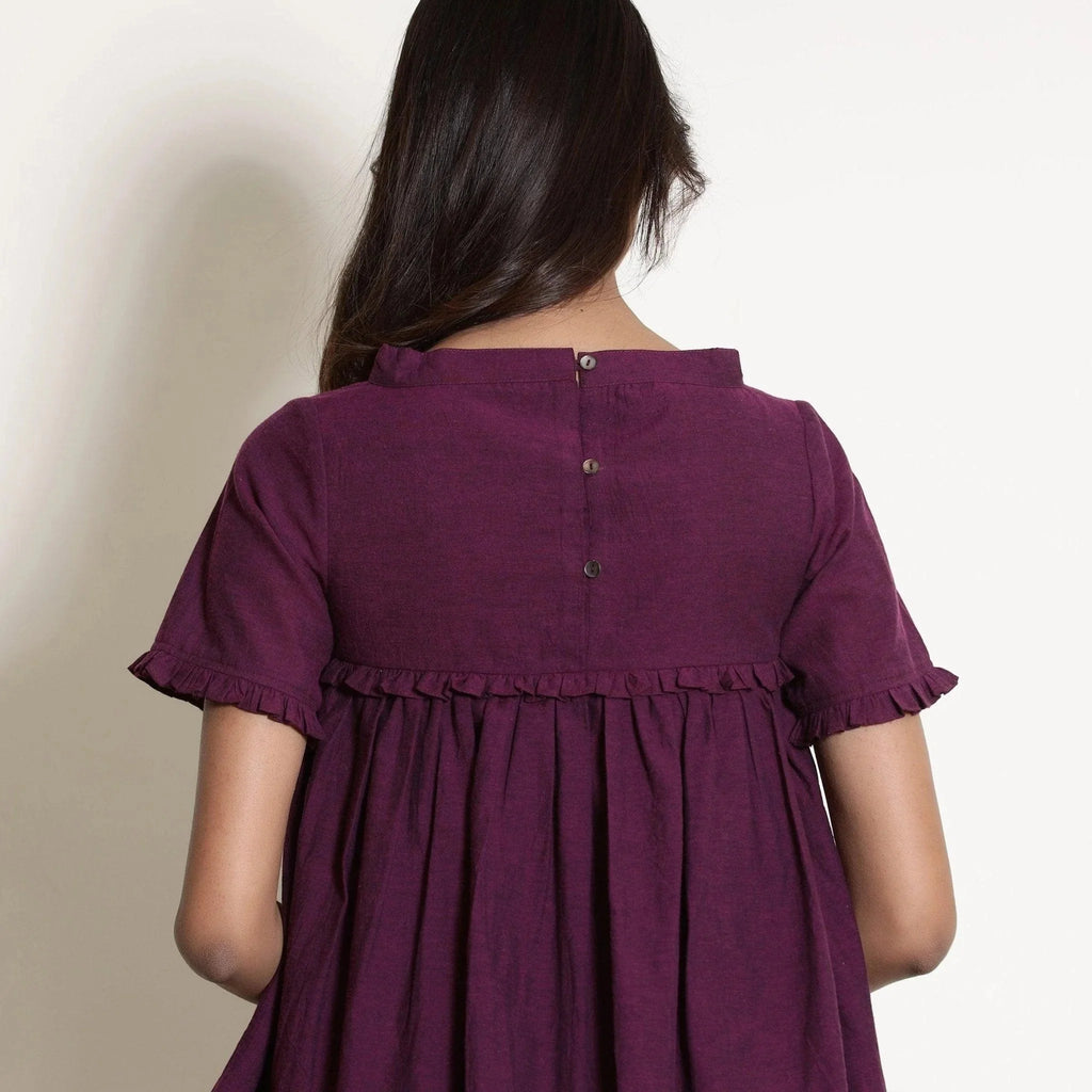 Back Detail of a Model wearing Berry Wine Warm Cotton Frilled Gathered Top