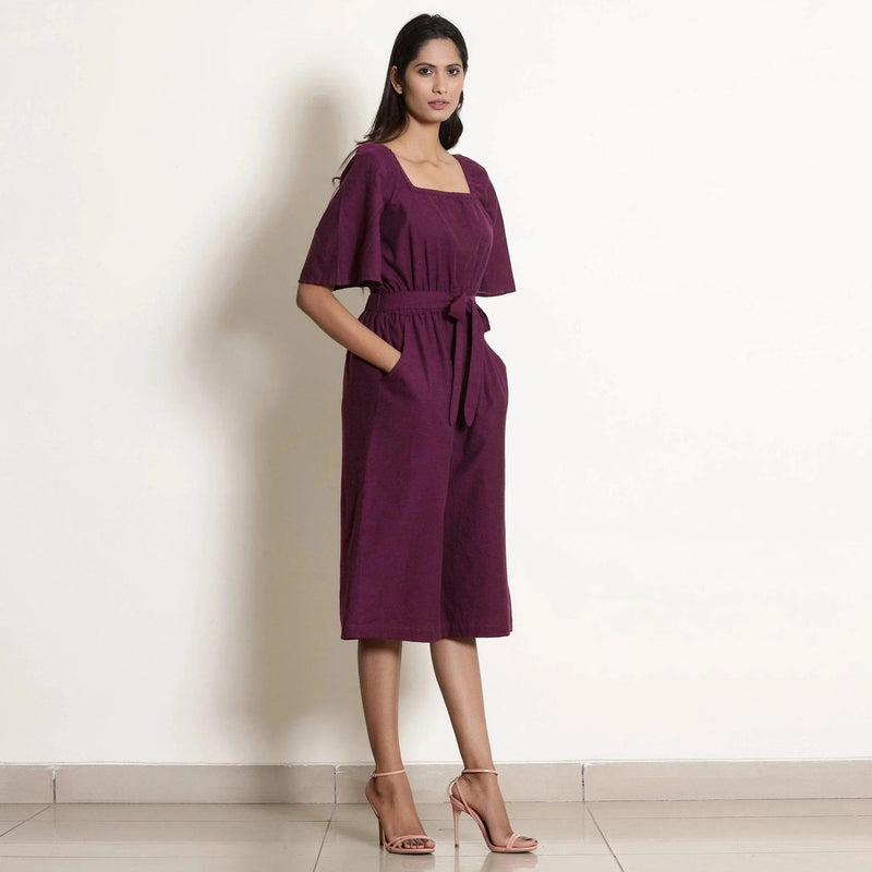 Right View of a Model wearing Berry Wine Warm Cotton Knee Length Flared Jumpsuit