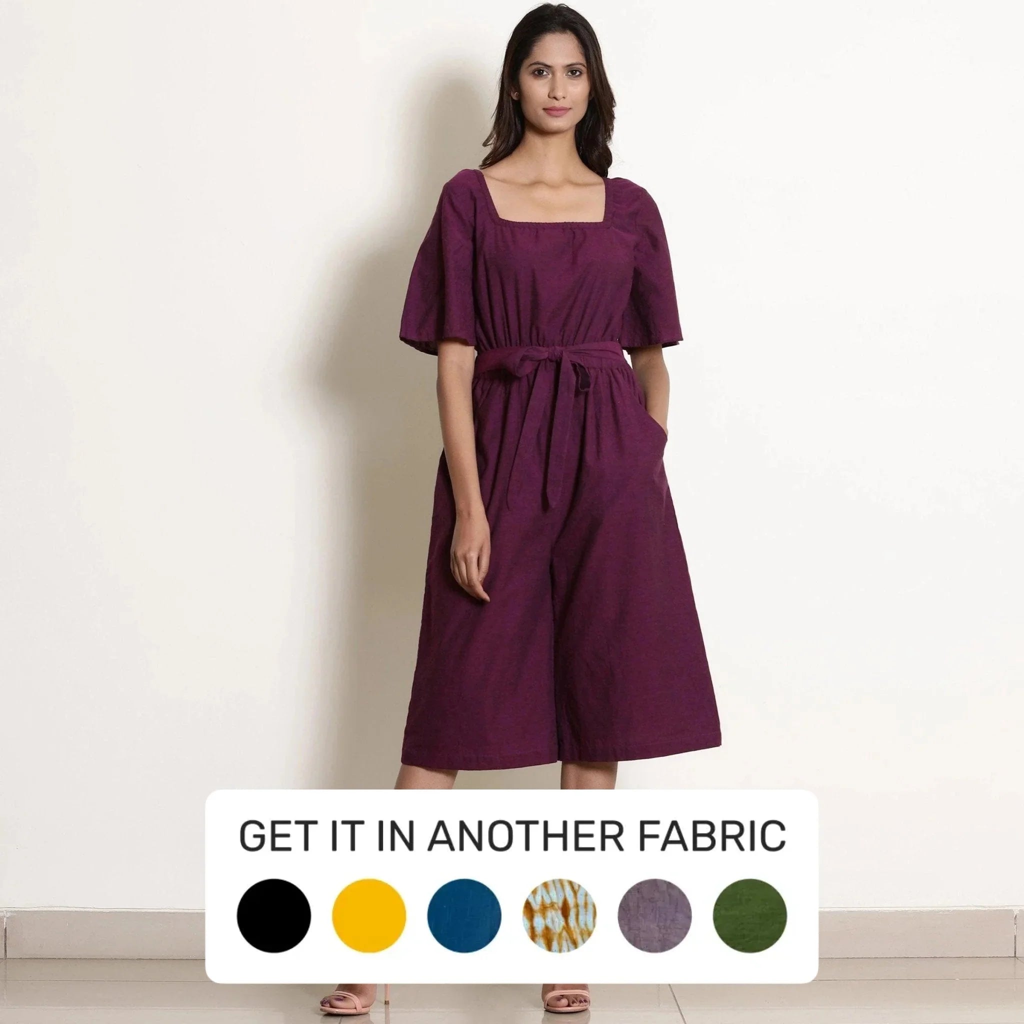 Front View of a Model wearing Berry Wine Warm Cotton Knee Length Flared Jumpsuit