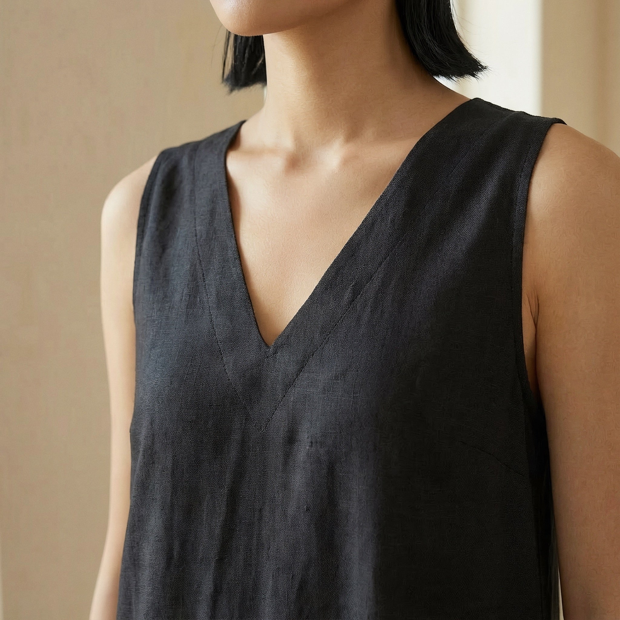 Black 100% Cotton A-Line V-Neck Sleeveless Maxi Tier Dress