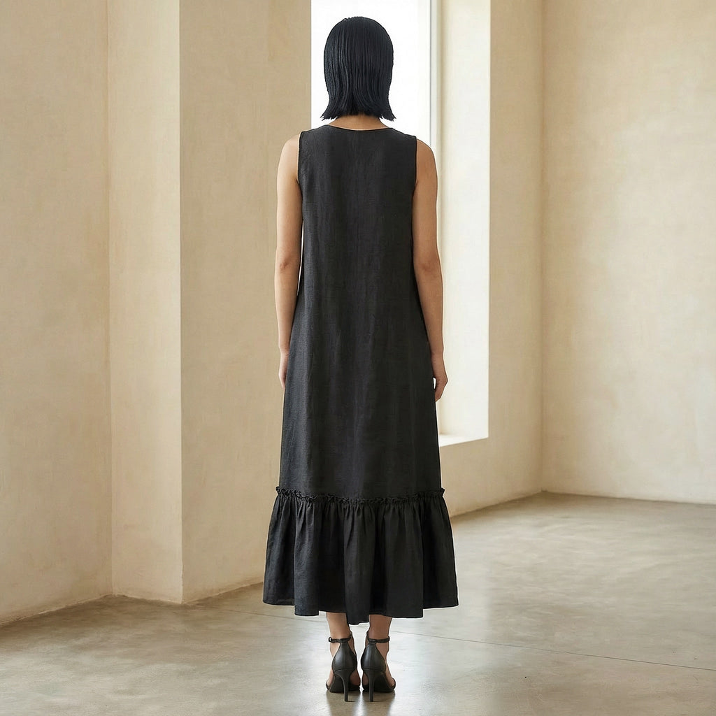 Black 100% Cotton A-Line V-Neck Sleeveless Maxi Tier Dress