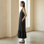 Black 100% Cotton A-Line V-Neck Sleeveless Maxi Tier Dress