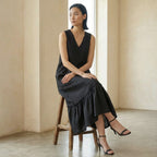 Black 100% Cotton A-Line V-Neck Sleeveless Maxi Tier Dress