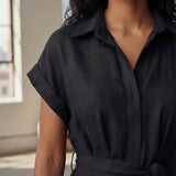 Black 100% Cotton A-Line Short Dress with Belt