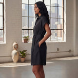 Black 100% Cotton A-Line Short Dress with Belt
