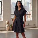 Black 100% Cotton A-Line Short Dress with Belt