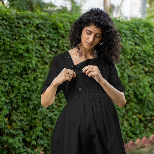 Black 100% Cotton Button-Down Knee Length Pre and Post Maternity Dress