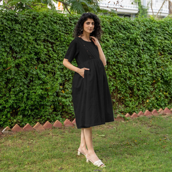 Black 100% Cotton Button-Down Knee Length Pre and Post Maternity Dress