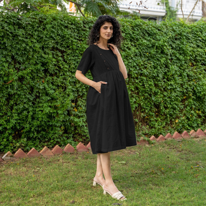 Black 100% Cotton Button-Down Knee Length Pre and Post Maternity Dress