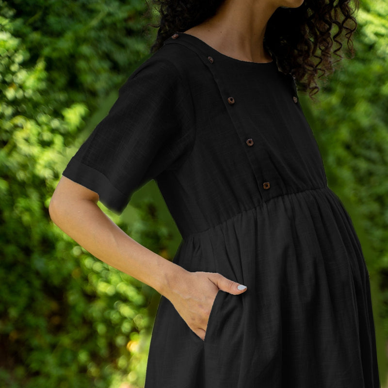 Black 100% Cotton Button-Down Knee Length Pre and Post Maternity Dress