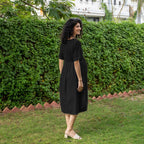 Black 100% Cotton Button-Down Knee Length Pre and Post Maternity Dress