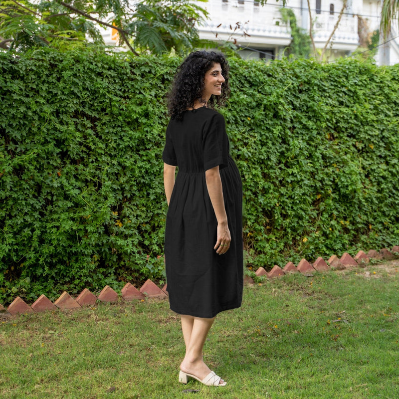 Black 100% Cotton Button-Down Knee Length Pre and Post Maternity Dress