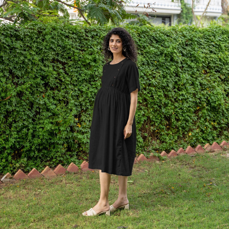 Black 100% Cotton Button-Down Knee Length Pre and Post Maternity Dress