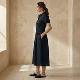 Black 100% Cotton Button-Down Midi Shirt Dress