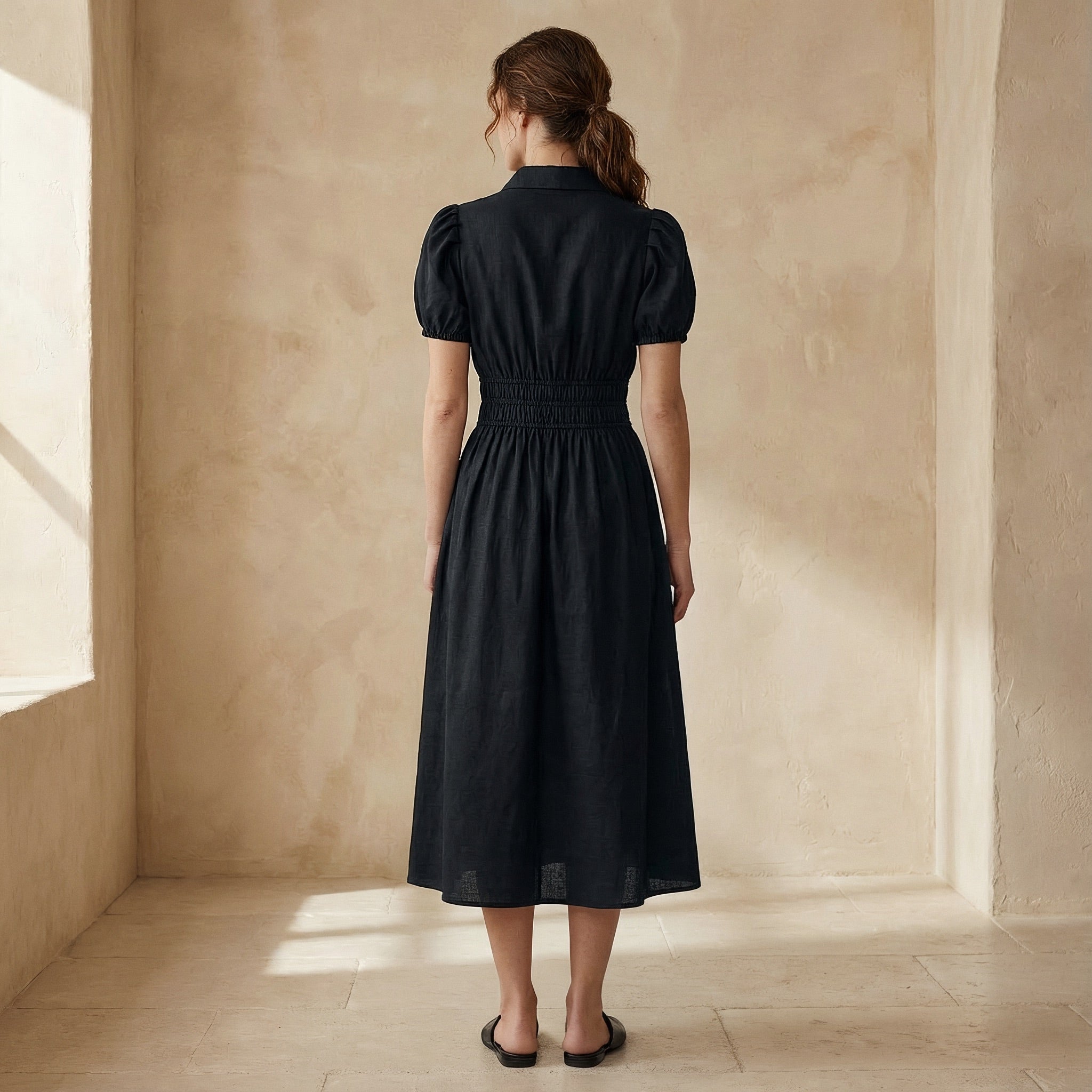 Black 100% Cotton Button-Down Midi Shirt Dress