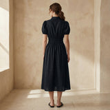 Black 100% Cotton Button-Down Midi Shirt Dress