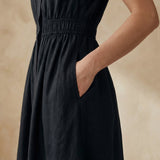 Black 100% Cotton Button-Down Midi Shirt Dress