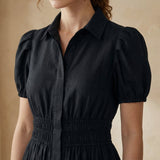 Black 100% Cotton Button-Down Midi Shirt Dress