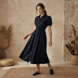 Black 100% Cotton Button-Down Midi Shirt Dress