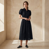Black 100% Cotton Button-Down Midi Shirt Dress