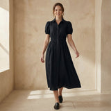 Black 100% Cotton Button-Down Midi Shirt Dress