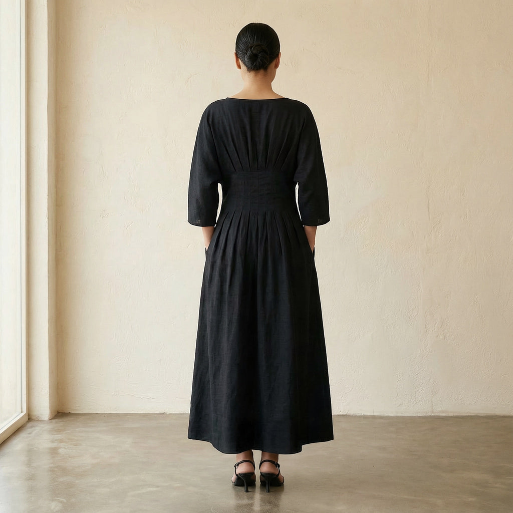 Black 100% Cotton Cinched Waist Flared Maxi Dress