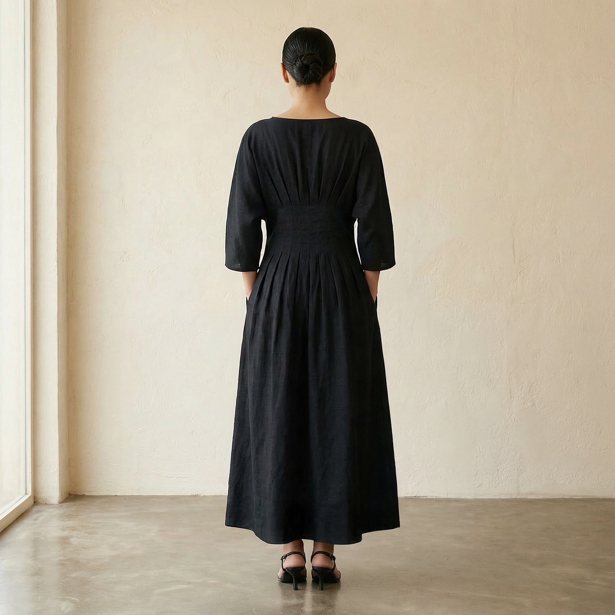 Black 100% Cotton Cinched Waist Flared Maxi Dress