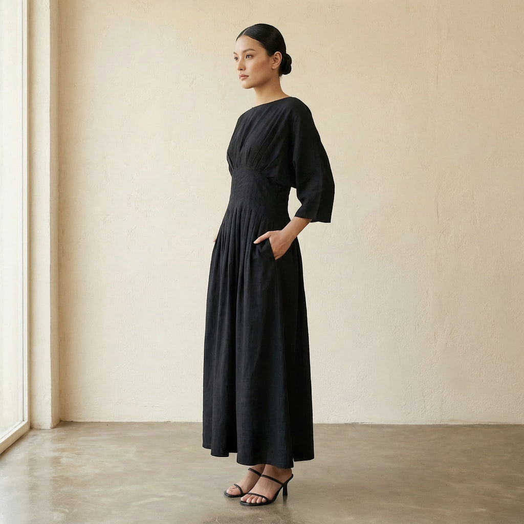 Black 100% Cotton Cinched Waist Flared Maxi Dress