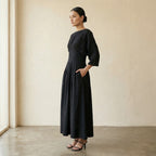 Black 100% Cotton Cinched Waist Flared Maxi Dress