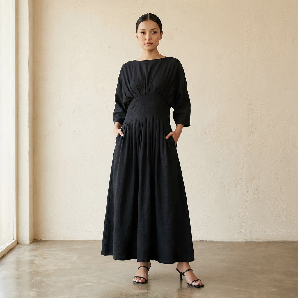 Black 100% Cotton Cinched Waist Flared Maxi Dress