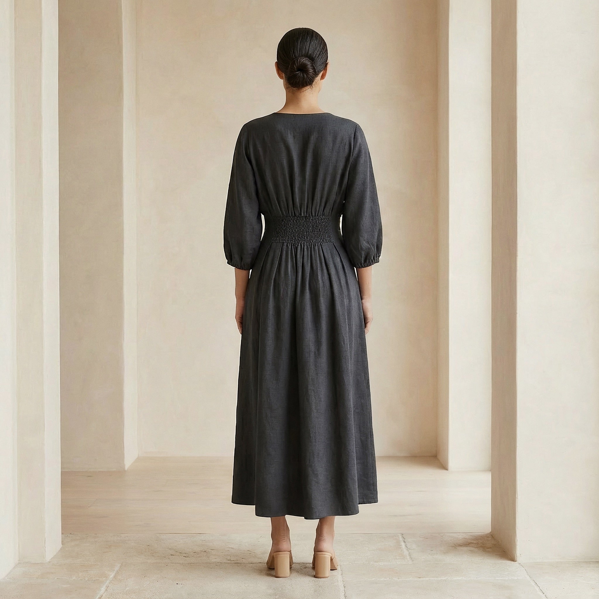 Black 100% Cotton Deep-V Neck Empire Waist Maxi Dress