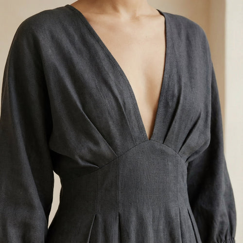 Black 100% Cotton Deep-V Neck Empire Waist Maxi Dress