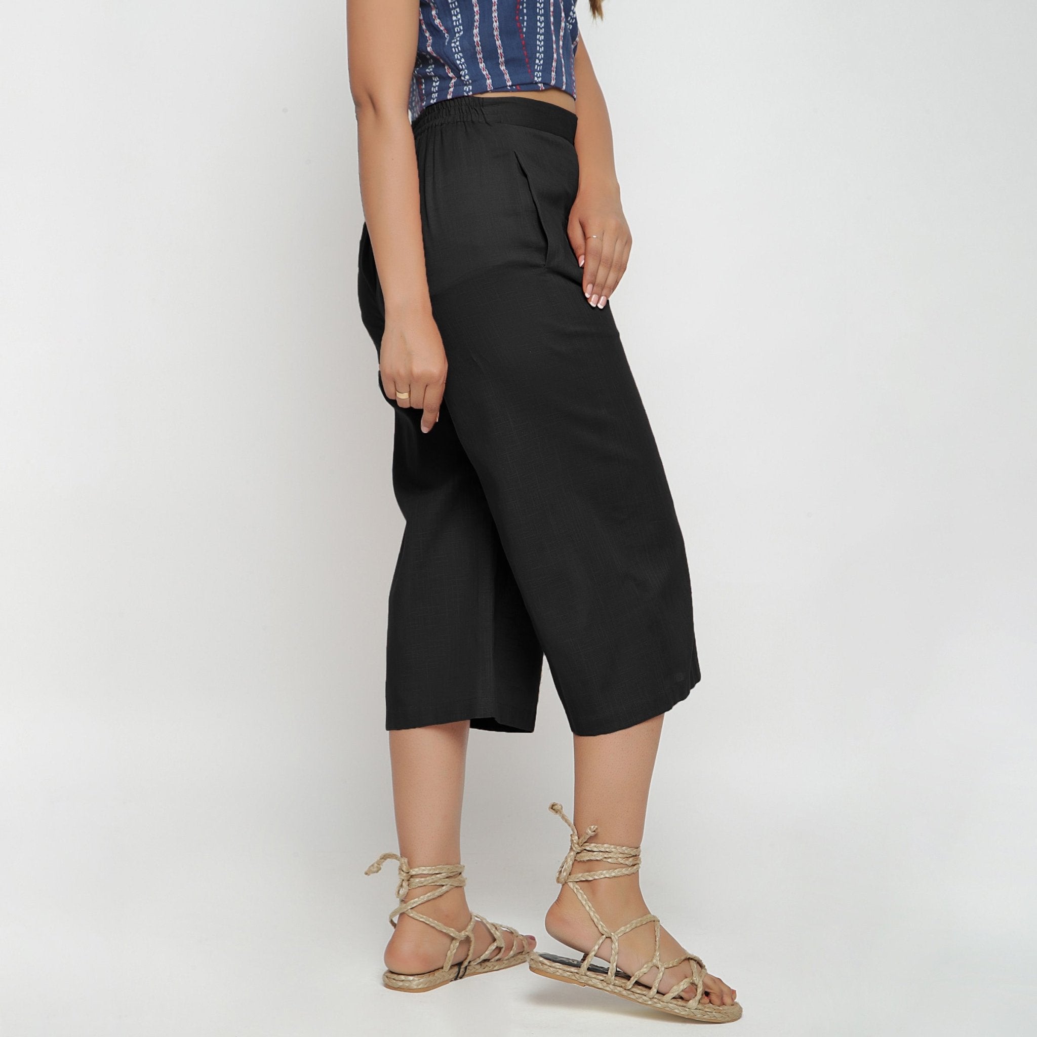 Black 100% Cotton Elasticated High-Rise Culottes