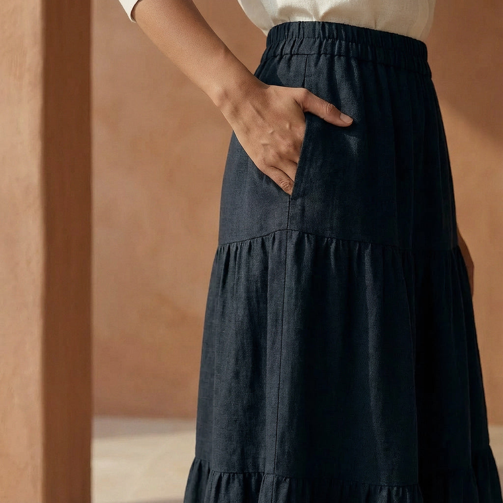 Black 100% Cotton Elasticated Maxi Tier Skirt