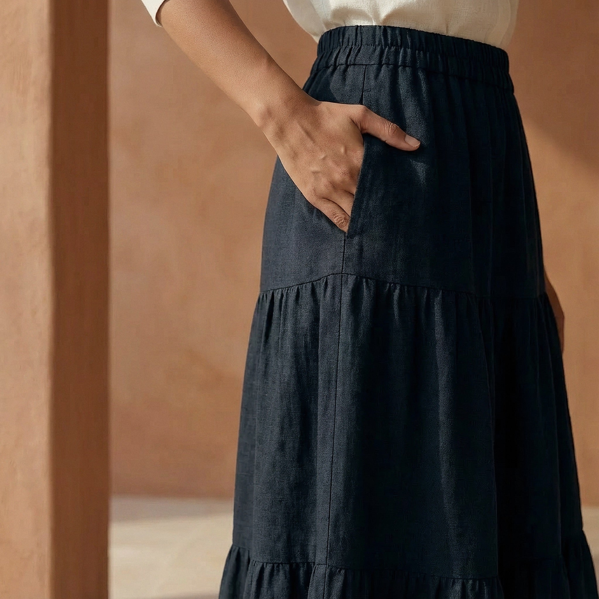 Black 100% Cotton Elasticated Maxi Tier Skirt