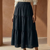Black 100% Cotton Elasticated Maxi Tier Skirt