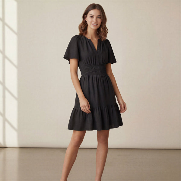 Black 100% Cotton Elasticated Short Tier Dress