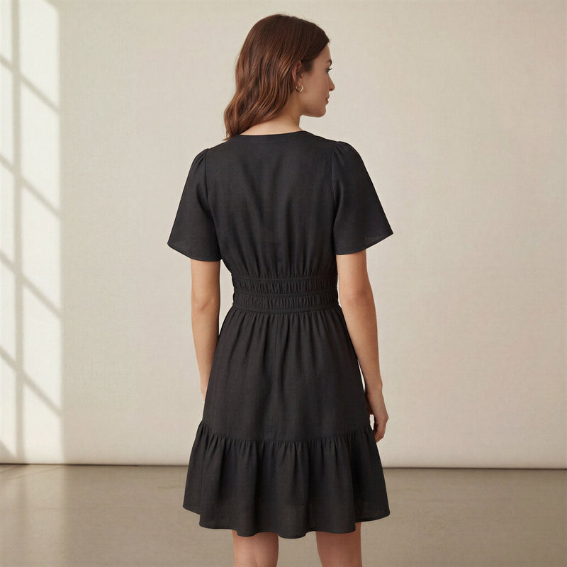 Black 100% Cotton Elasticated Short Tier Dress
