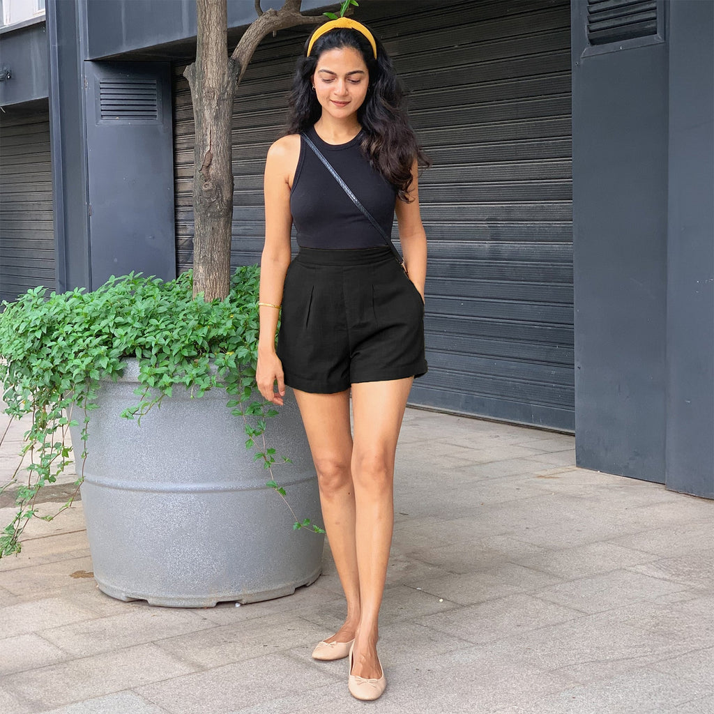 Black 100% Cotton Elasticated Shorts
