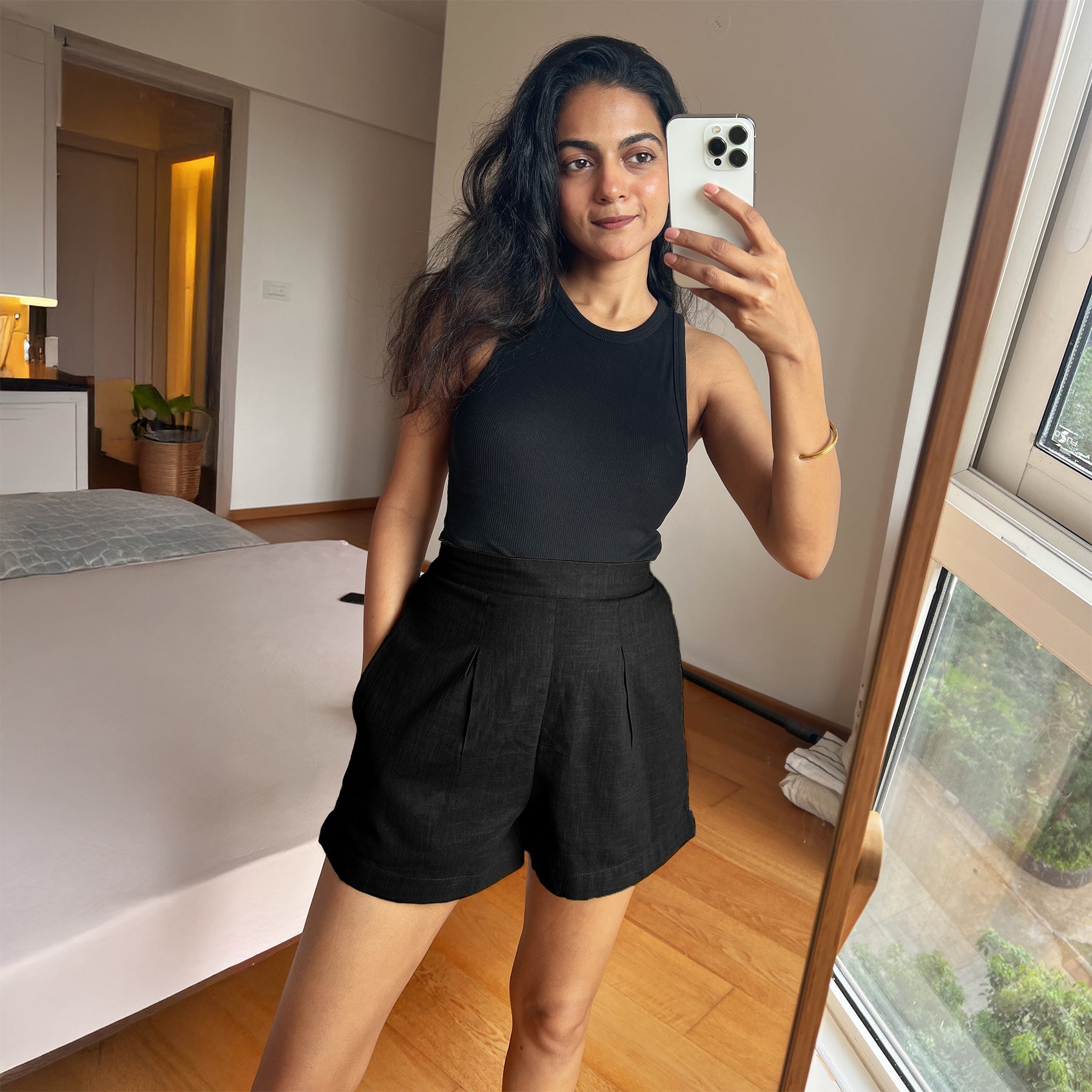 Black 100% Cotton Elasticated Shorts