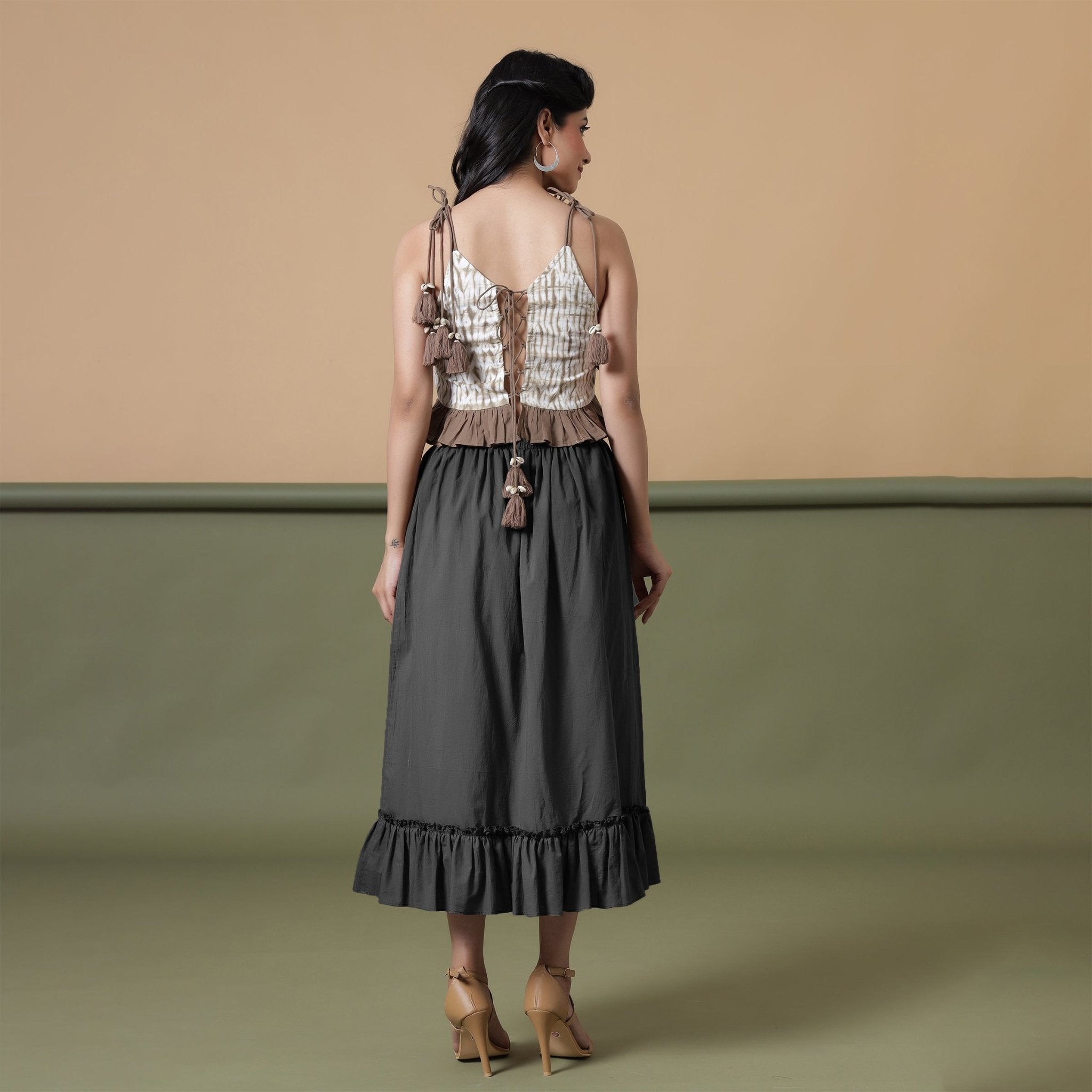 Black 100% Cotton Elasticated Tier Midi Skirt
